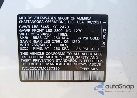 2021 Volkswagen Atlas Cross Sport 2.0T Se W/Technology z USA, uszkodzony, nr VIN 1V2JC2CA7MC237390